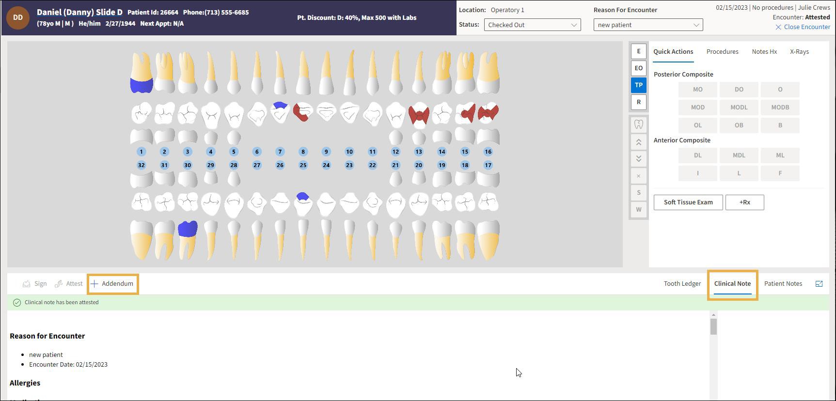 Charting page with yellow highlight boxes around the Clinical Note tab and +Addendum button.